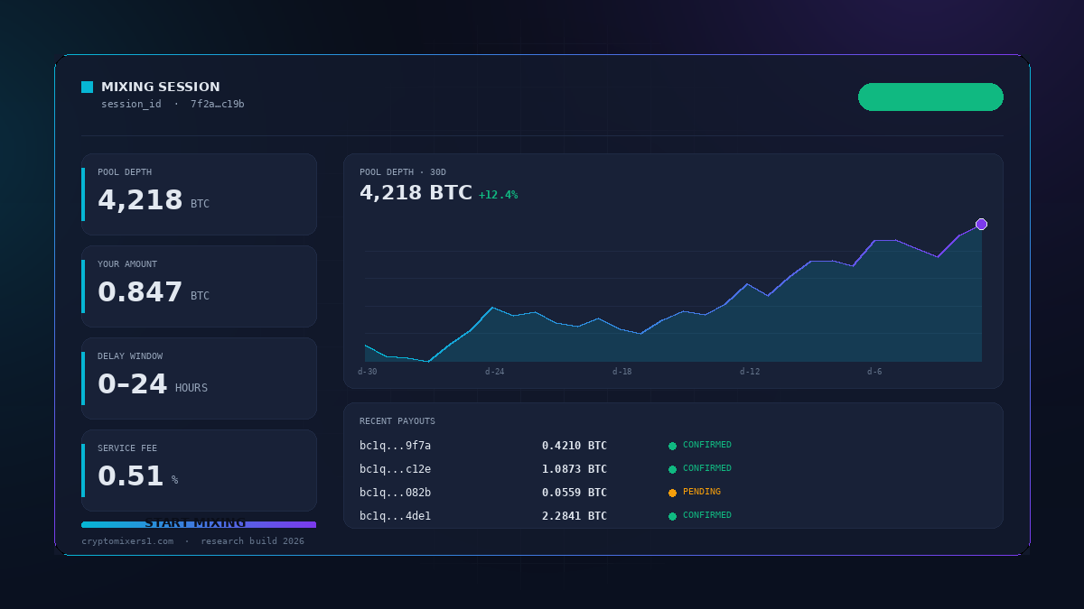 Crypto mixer dashboard showing pool depth, delay window and recent payouts